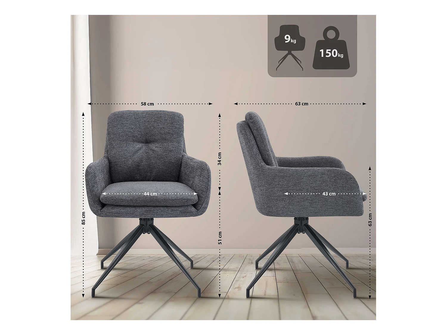 Lot de 2  chaise salle à manger - Tissu - Gris foncé - Pickett