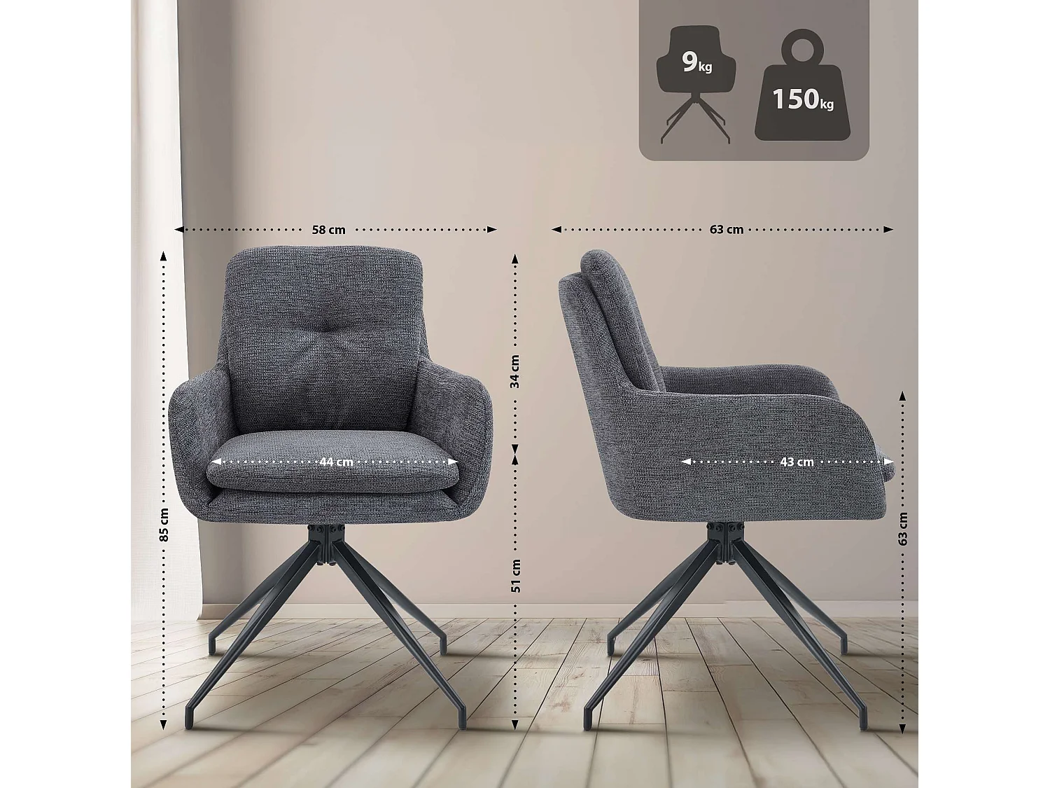 Lot de 2  chaise salle à manger - Tissu - Gris foncé - Pickett