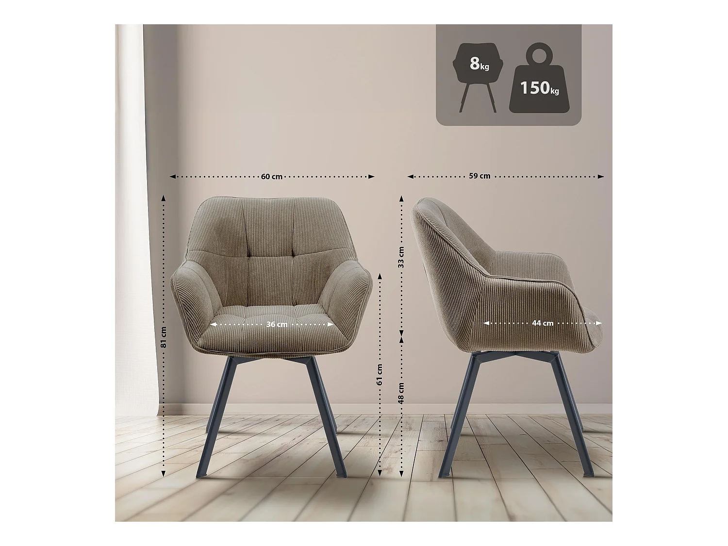 Lot de 2  chaises avec accoudoirs - Cordon - Marron - Jordi