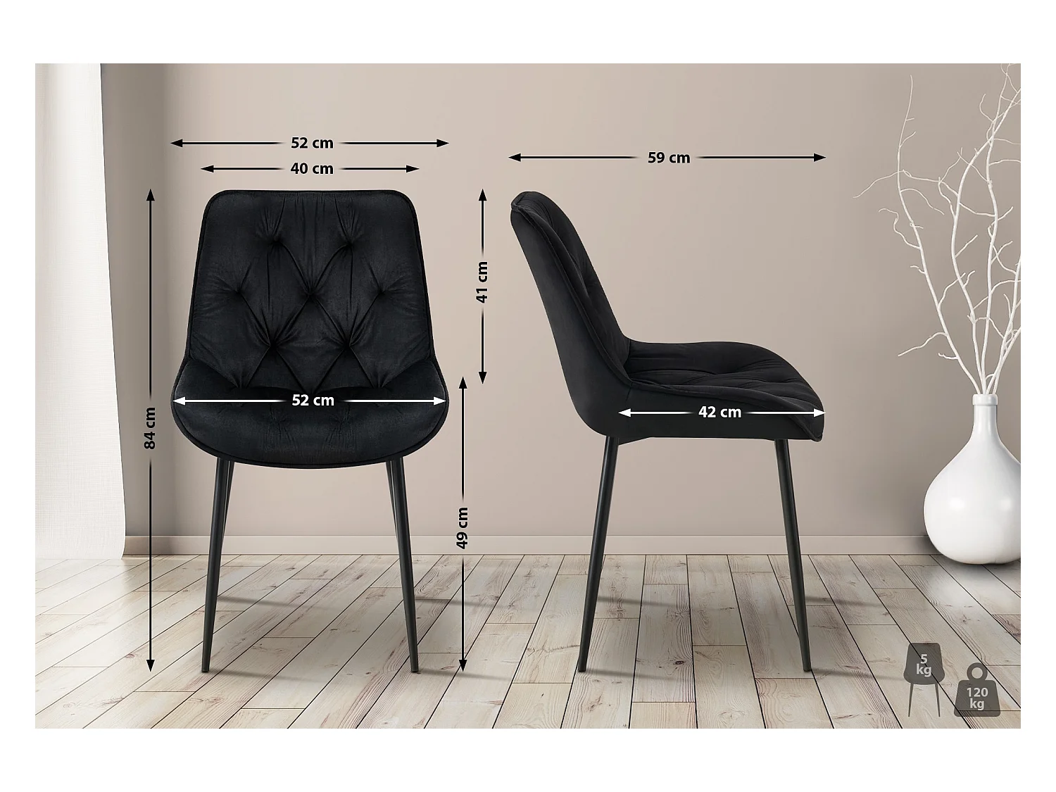 Lot de 2  chaise salle à manger - Velours - Noir - Wallace