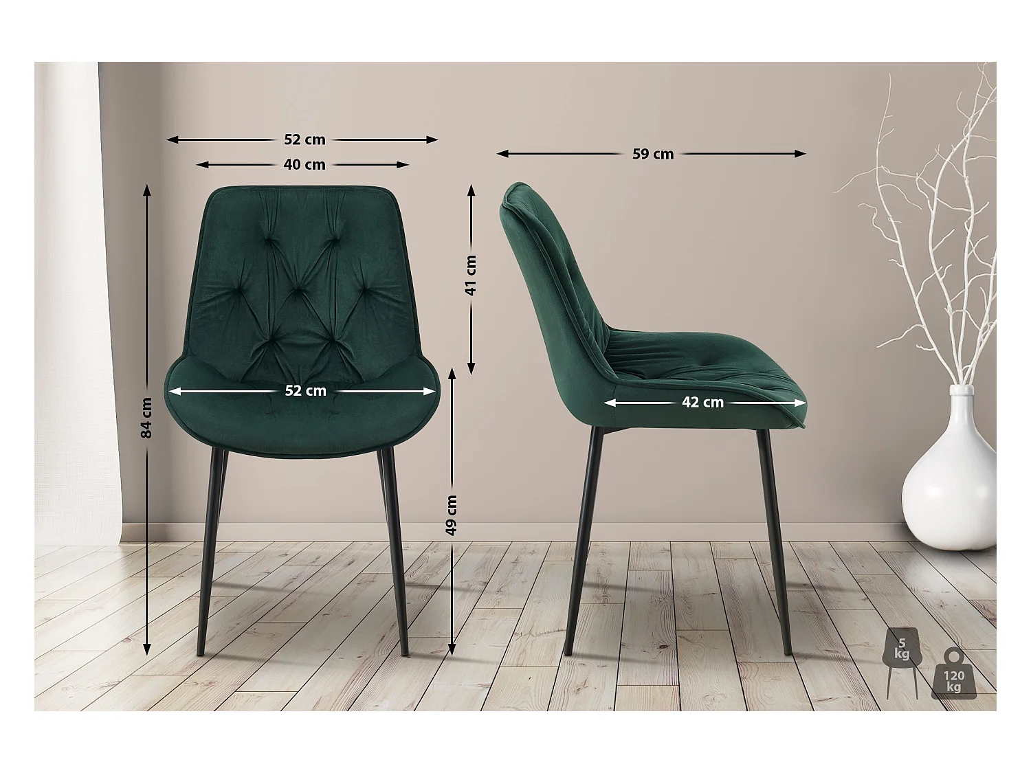 Lot de 2  chaise salle à manger - Velours - Vert - Wallace