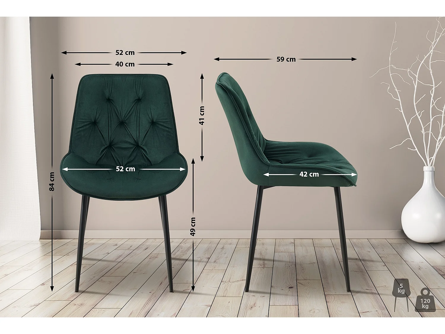 Lot de 2  chaise salle à manger - Velours - Vert - Wallace