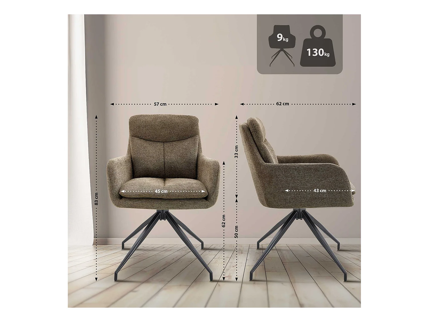 Lot de 2  chaise salle à manger - Tissu - Marron - Somers