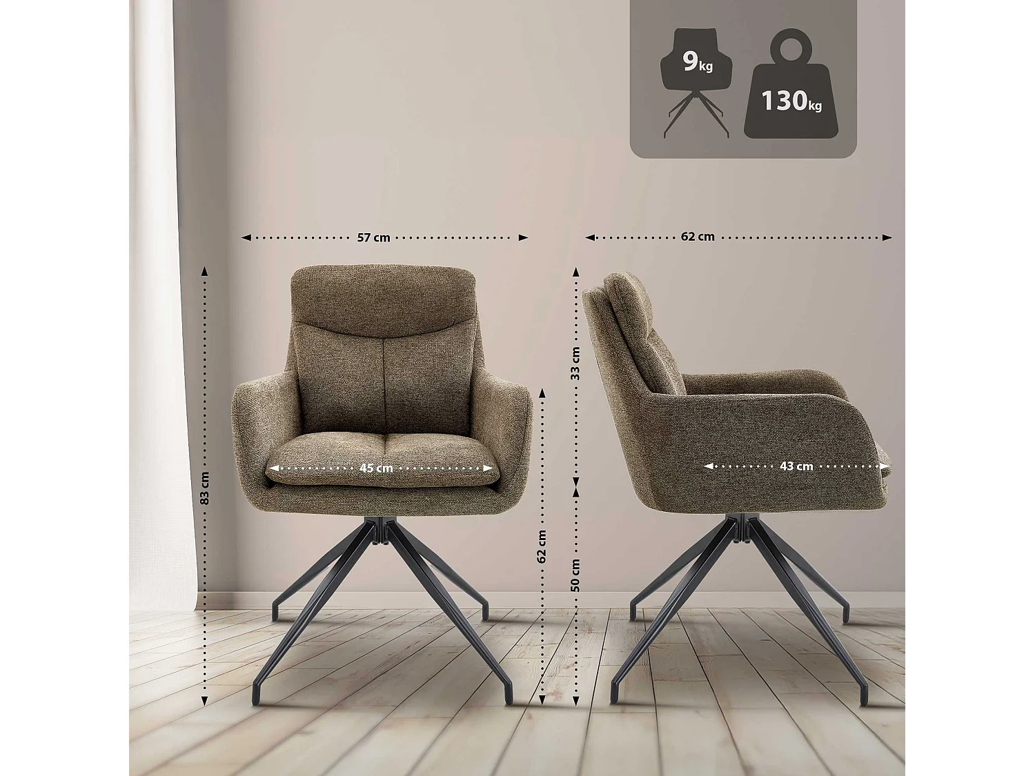 Lot de 2  chaise salle à manger - Tissu - Marron - Somers