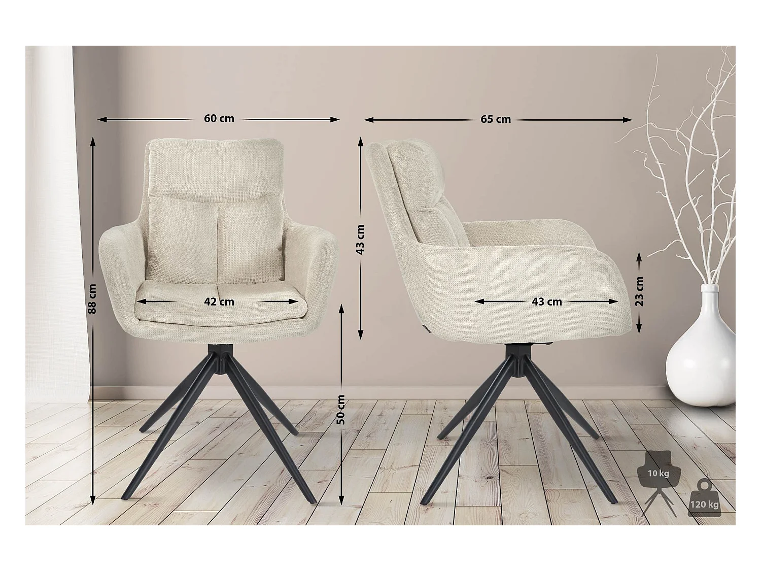 Lot de 2  chaises avec accoudoirs - Tissu - Crème - Vilas