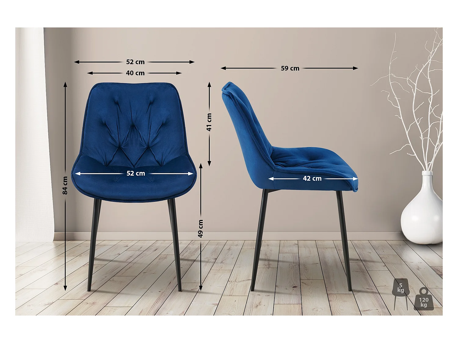 Lot de 2  chaise salle à manger - Velours - Bleu - Wallace