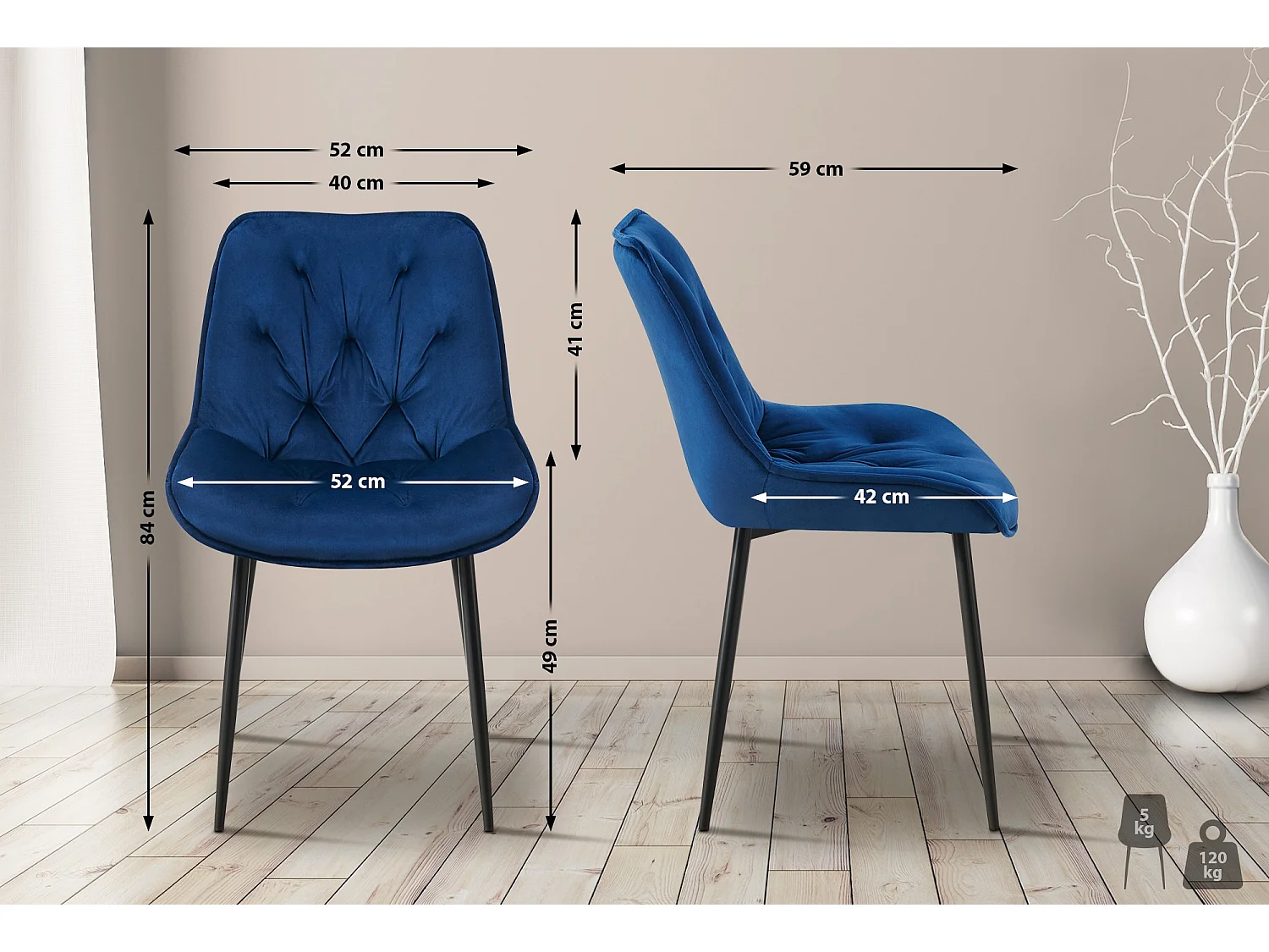 Lot de 2  chaise salle à manger - Velours - Bleu - Wallace