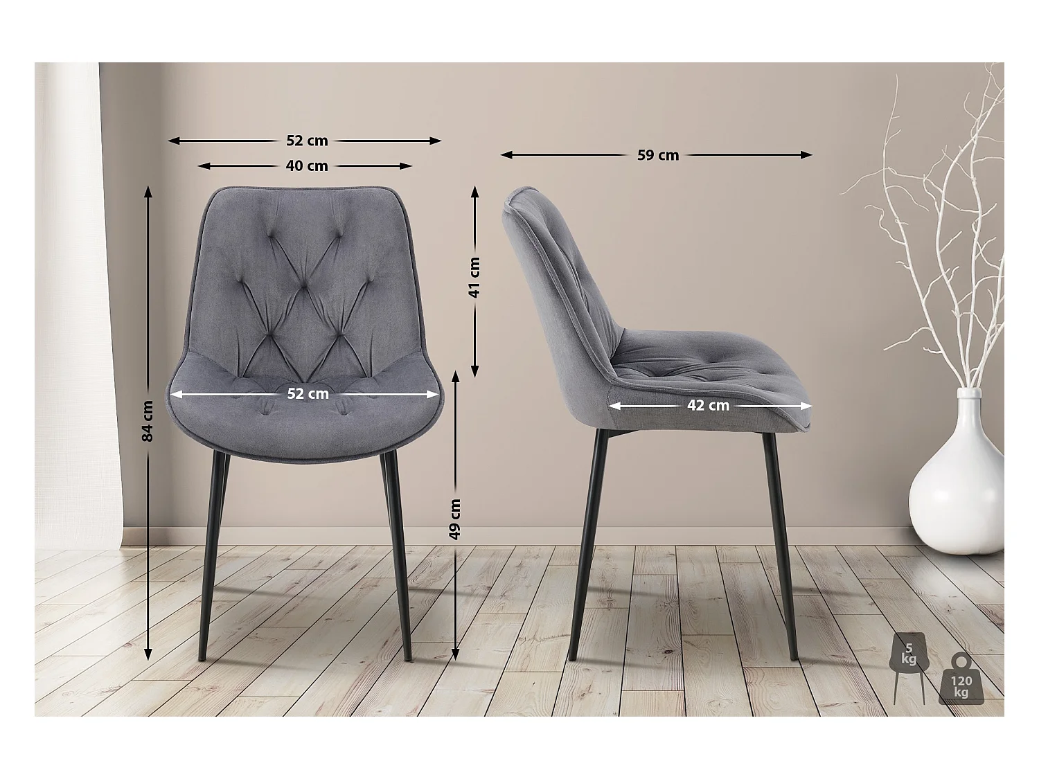 Lot de 2  chaise salle à manger - Velours - Gris foncé - Wallace