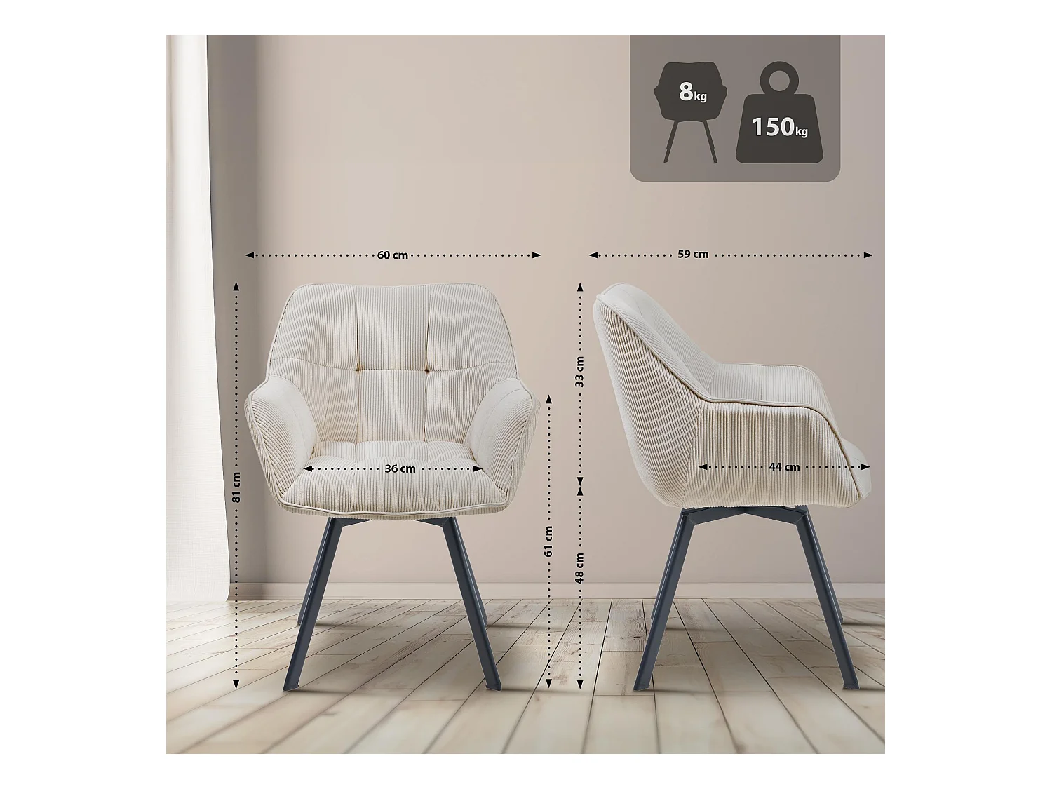 Lot de 2  chaises avec accoudoirs - Cordon - Crème - Jordi