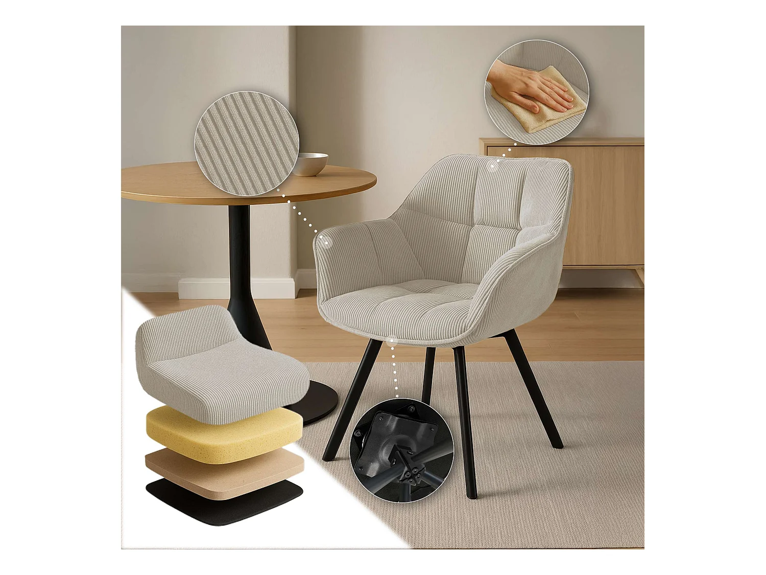 Lot de 2  chaises avec accoudoirs - Cordon - Crème - Jordi