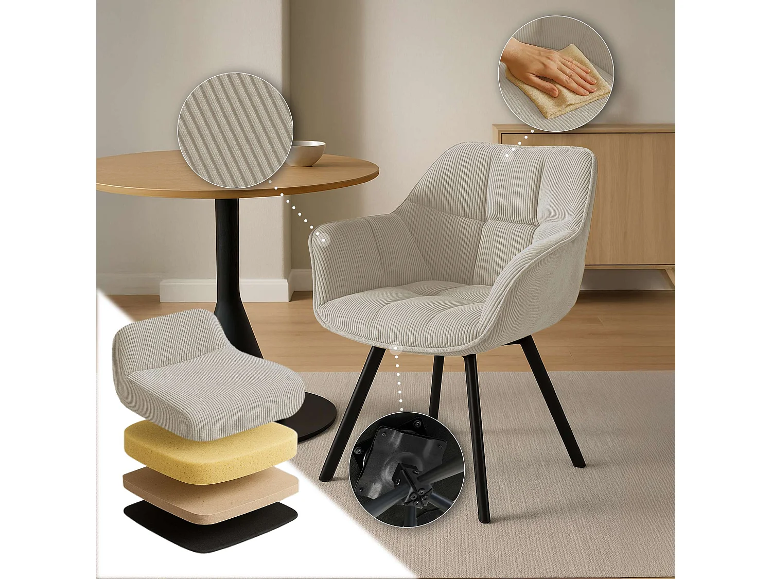 Lot de 2  chaises avec accoudoirs - Cordon - Crème - Jordi