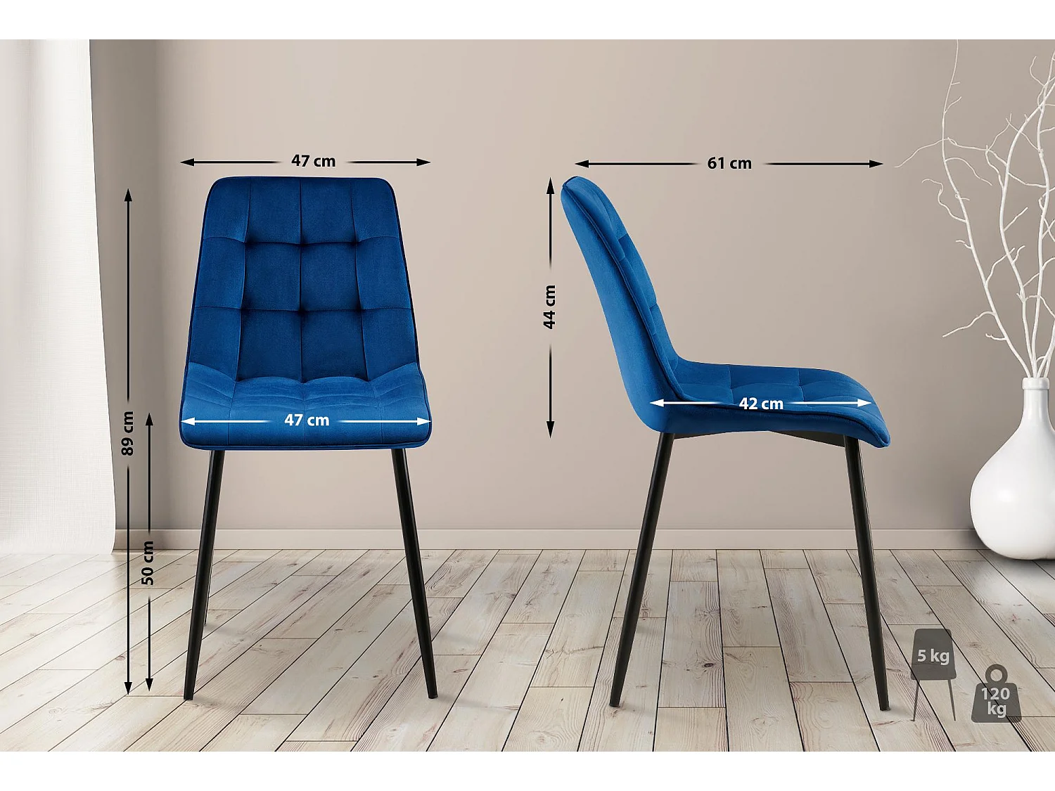 Lot de 2  chaise salle à manger - Velours - Bleu foncé - Gifford