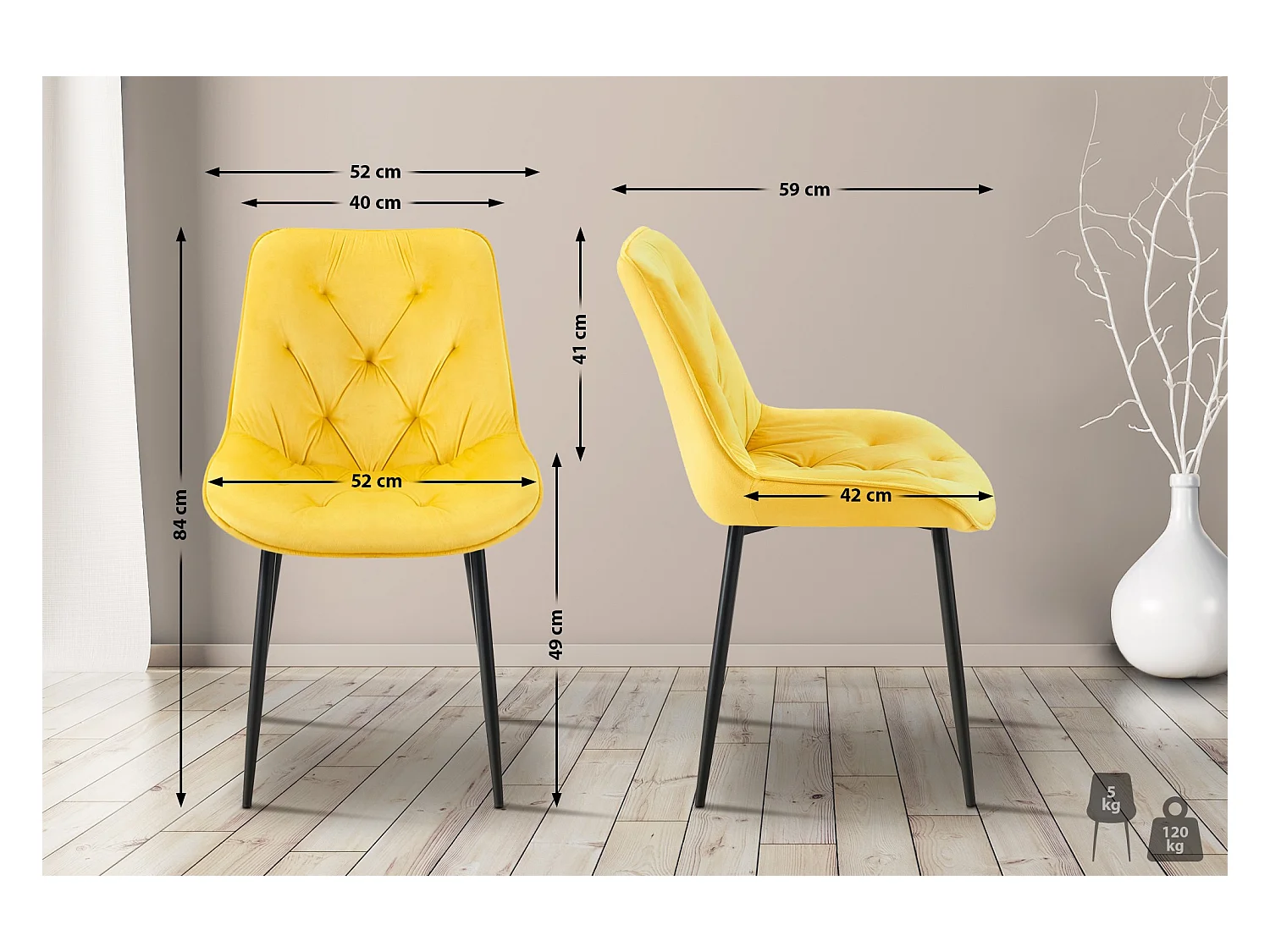 Lot de 2  chaise salle à manger - Velours - Jaune - Wallace