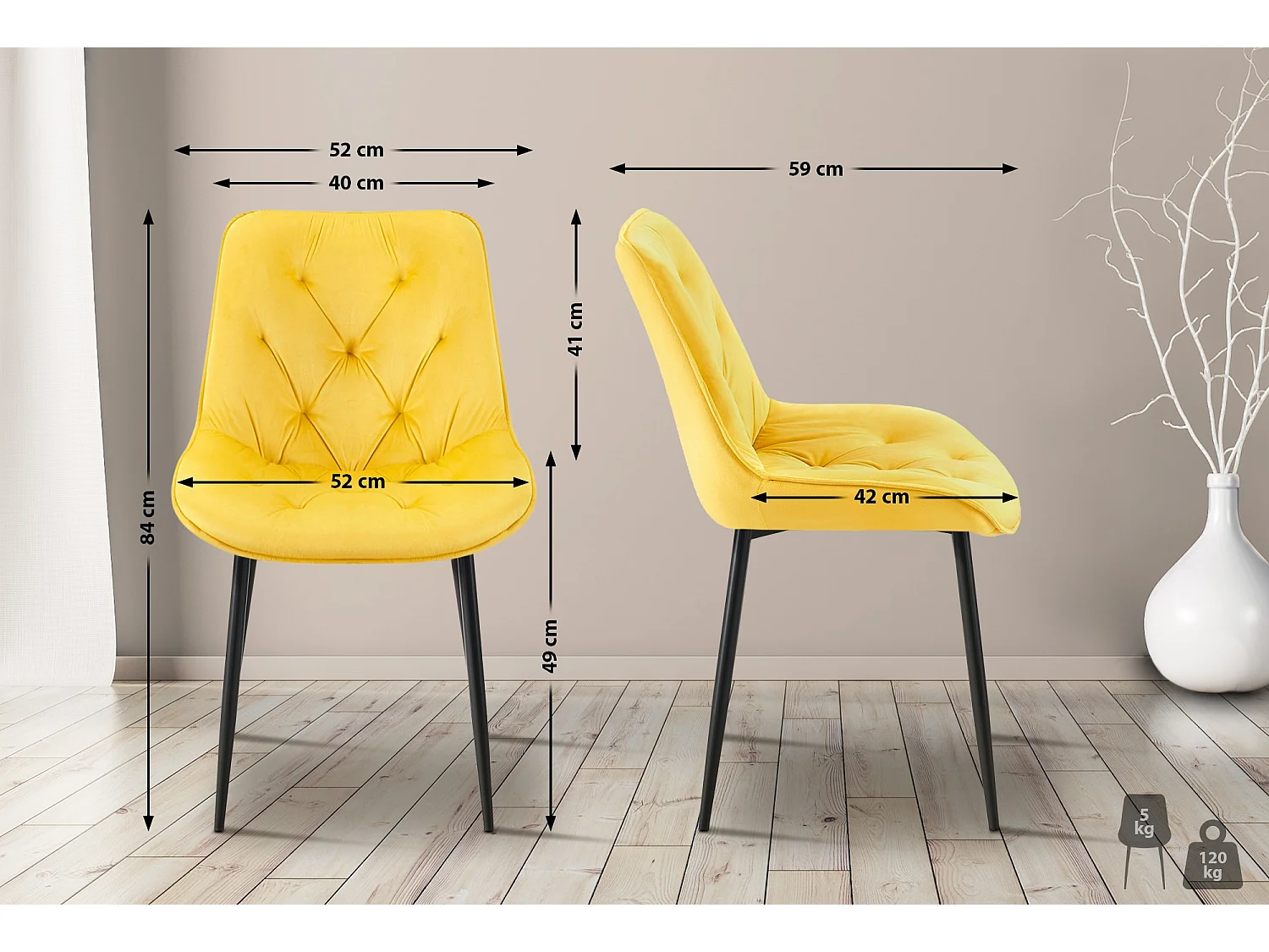 Lot de 2  chaise salle à manger - Velours - Jaune - Wallace