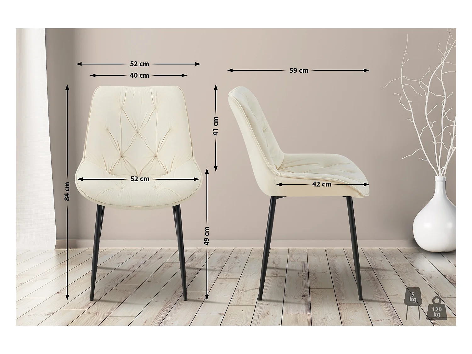 Lot de 2  chaise salle à manger - Velours - Crème - Wallace