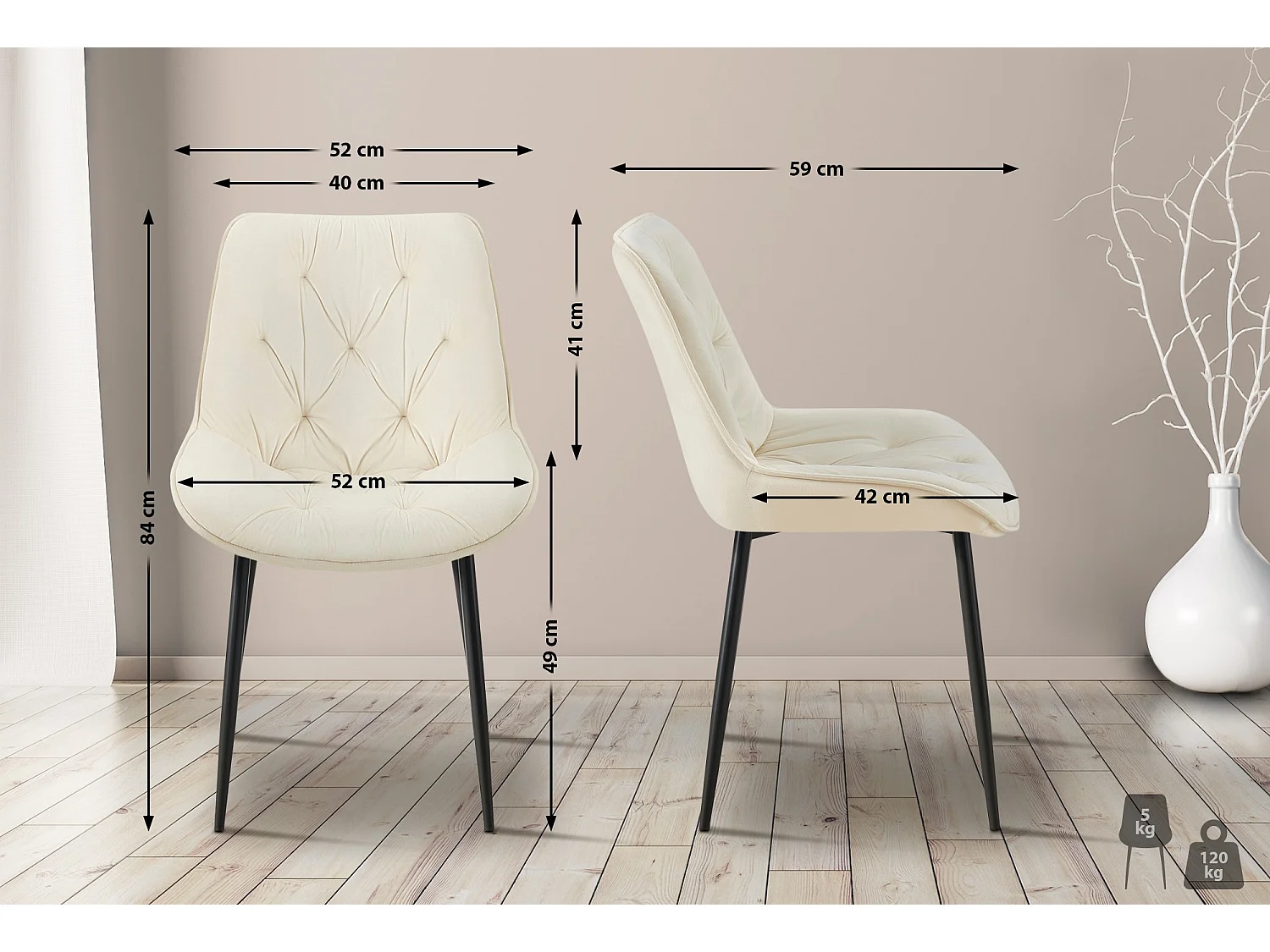 Lot de 2  chaise salle à manger - Velours - Crème - Wallace