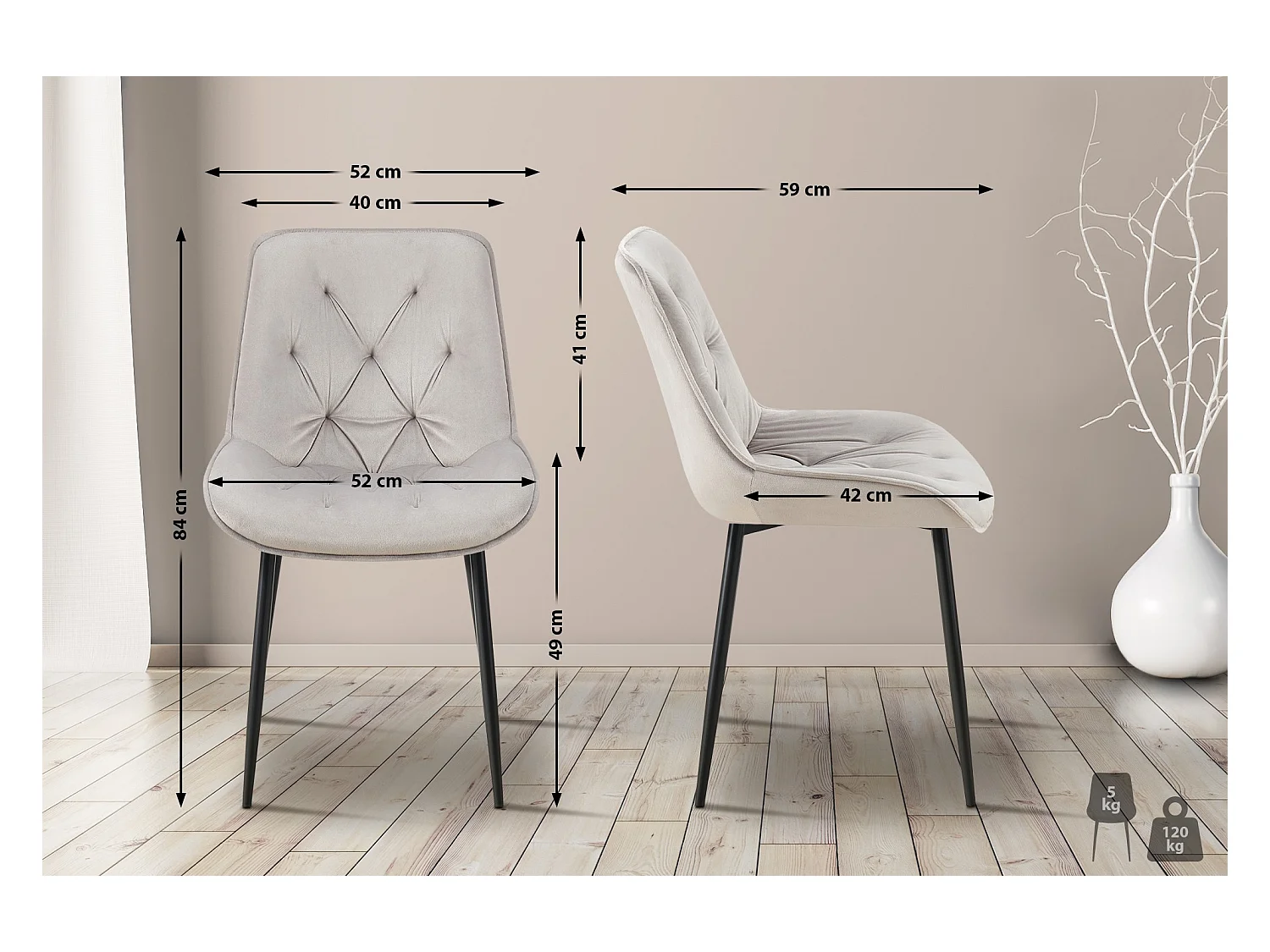 Lot de 2  chaise salle à manger - Velours - Gris - Wallace