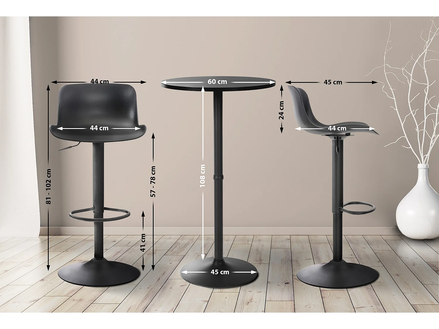 Lot de 2 Ensemble table de bar - Plastique - Noir - Medora