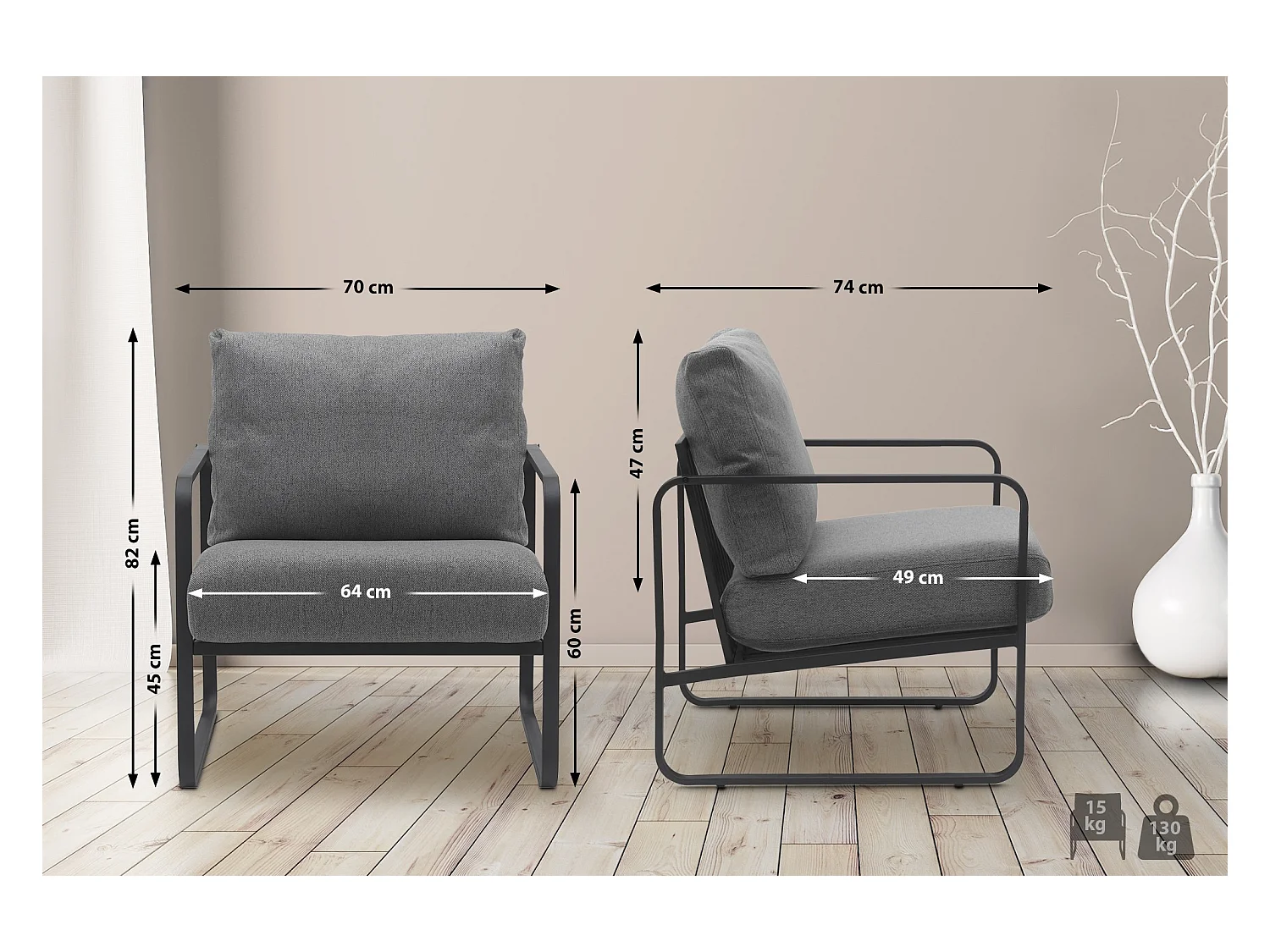 Chaise longue - Tissu - Gris foncé - Manea