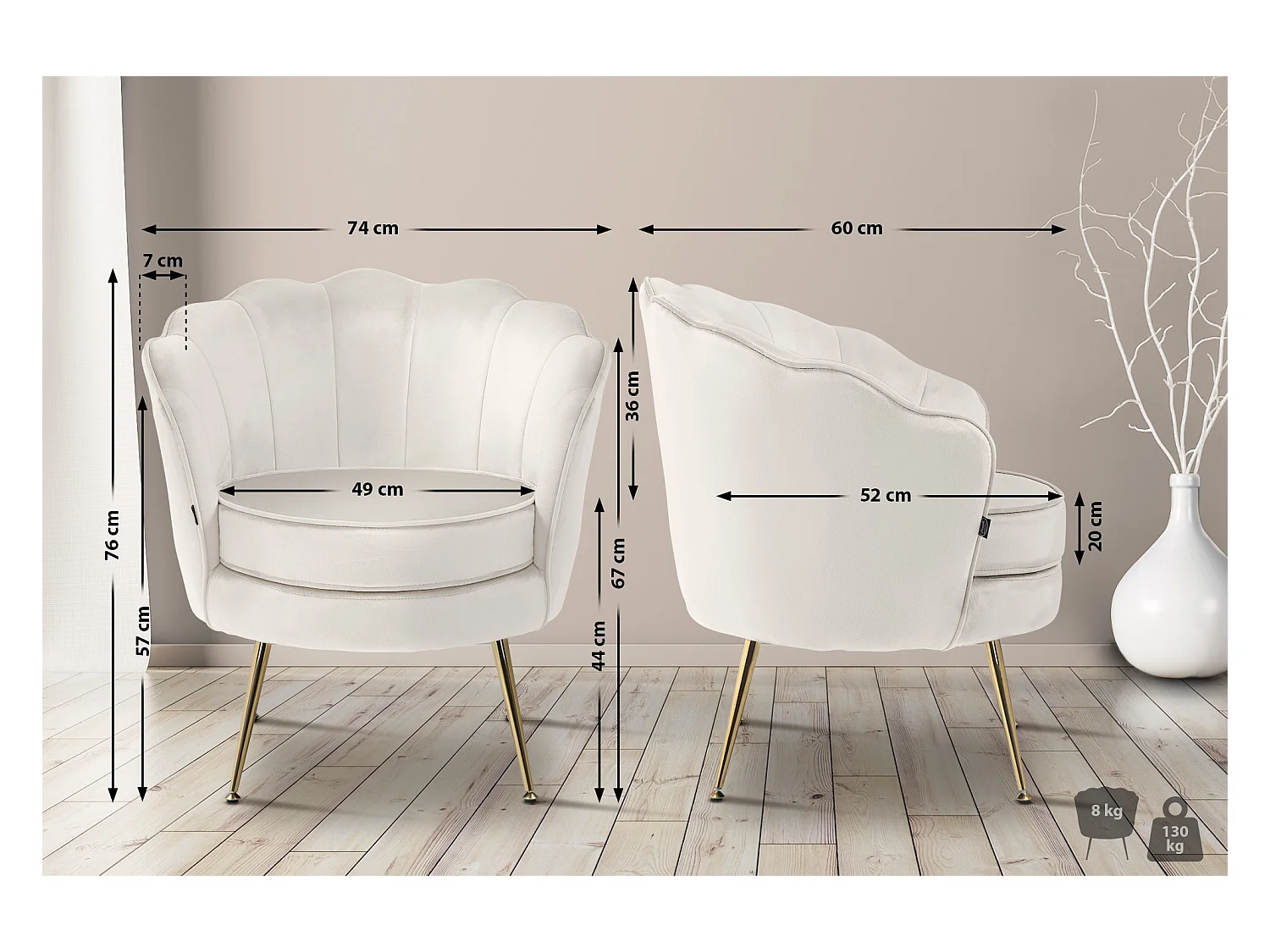 chaises avec accoudoirs - Velours - Crème - Rosita