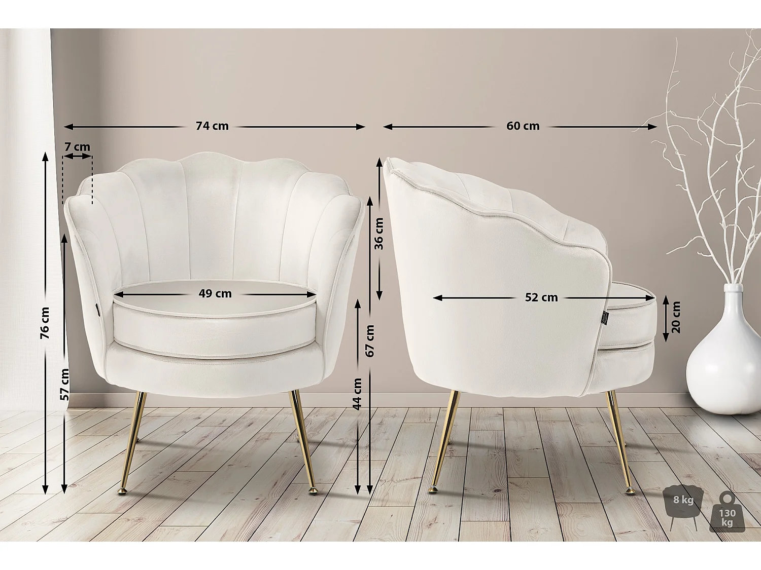 chaises avec accoudoirs - Velours - Crème - Rosita