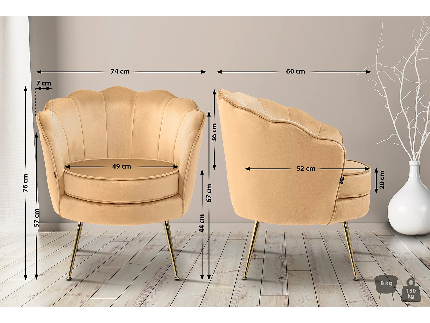 chaises avec accoudoirs - Velours - Jaune - Rosita