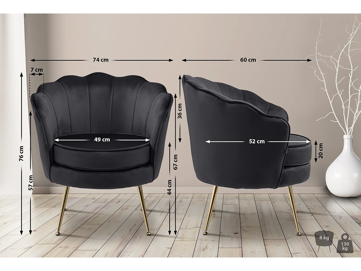 chaises avec accoudoirs - Velours & Antique clair - Noir - Rosita