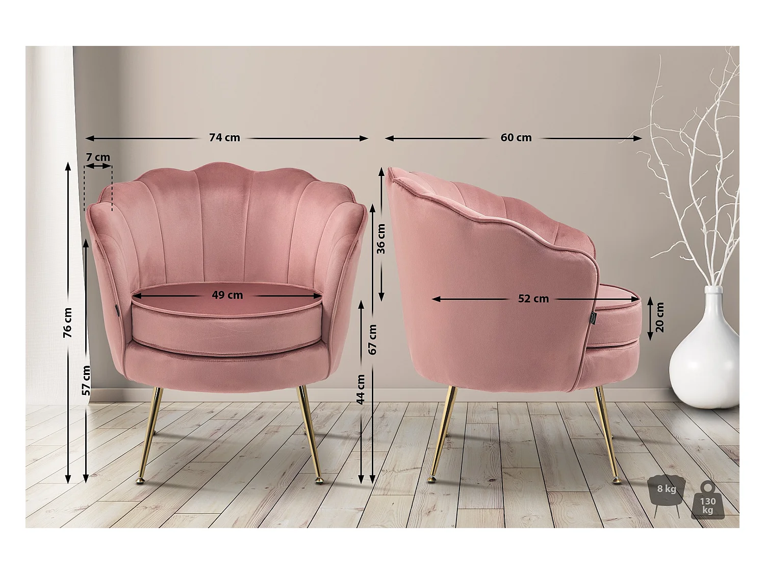 chaises avec accoudoirs - Velours - Rose - Rosita