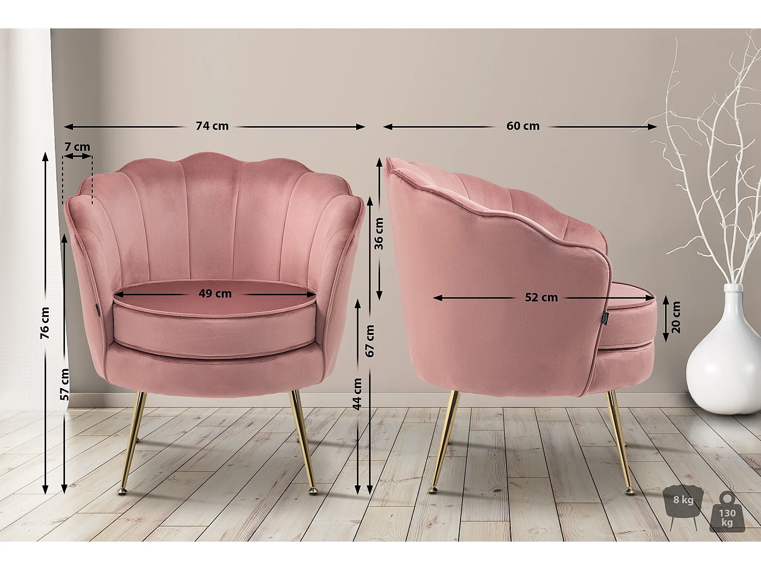 chaises avec accoudoirs - Velours - Rose - Rosita