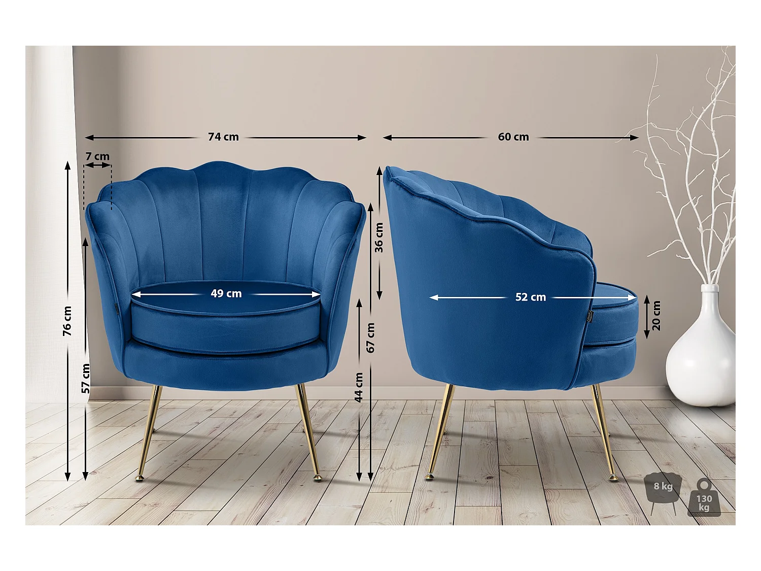 chaises avec accoudoirs - Velours - Bleu - Rosita