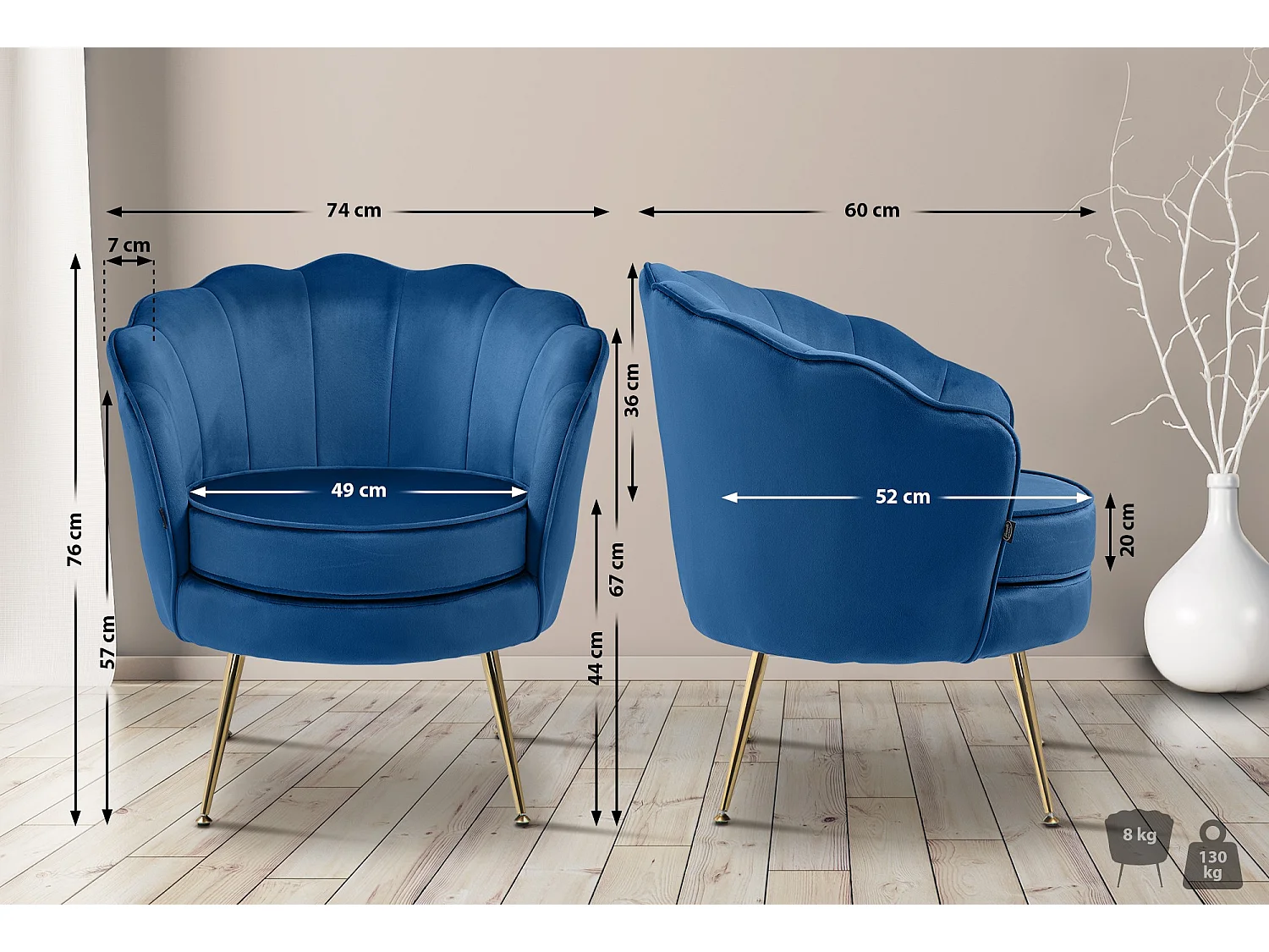 chaises avec accoudoirs - Velours - Bleu - Rosita