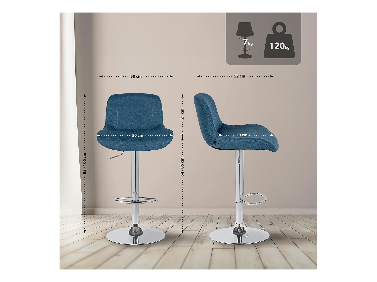 Lot de 2  Tabouret de bar - Tissu - Bleu - Solon