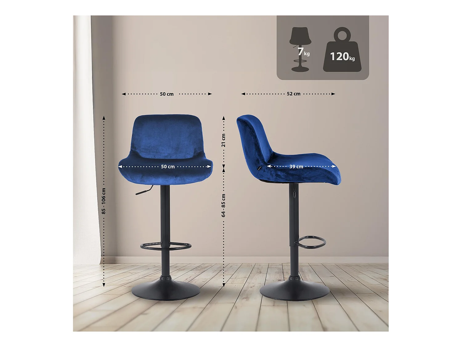 Lot de 2  Tabouret de bar - Velours - Bleu - Solon