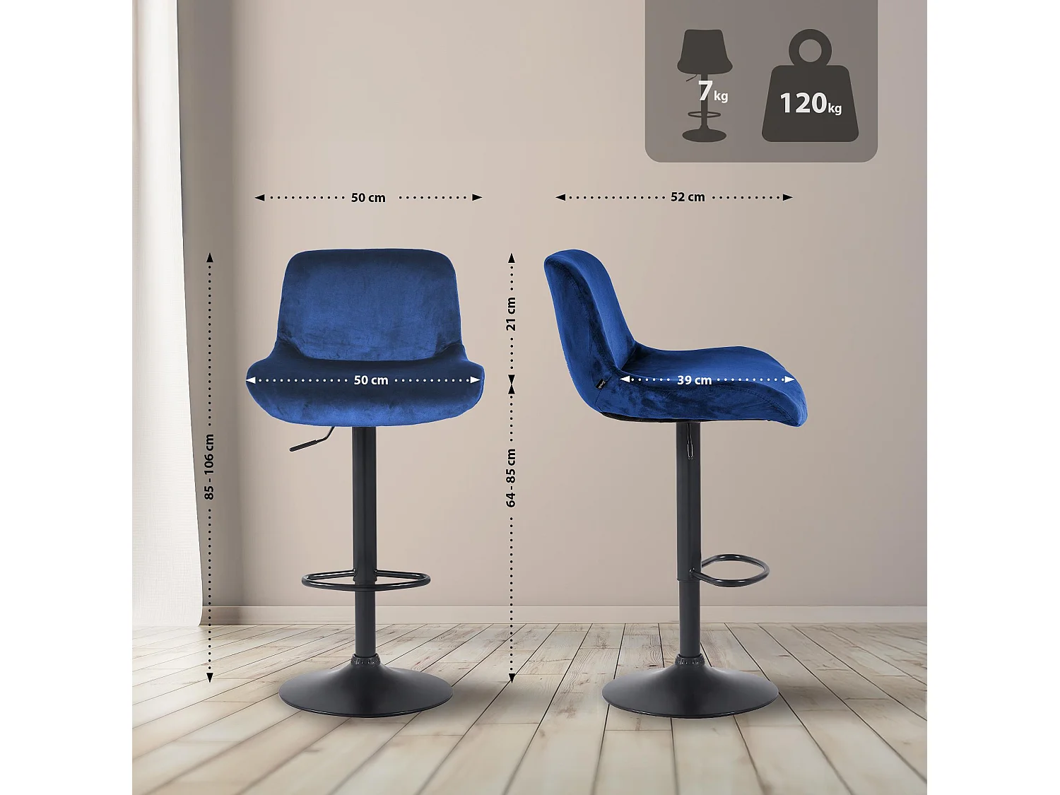 Lot de 2  Tabouret de bar - Velours - Bleu - Solon