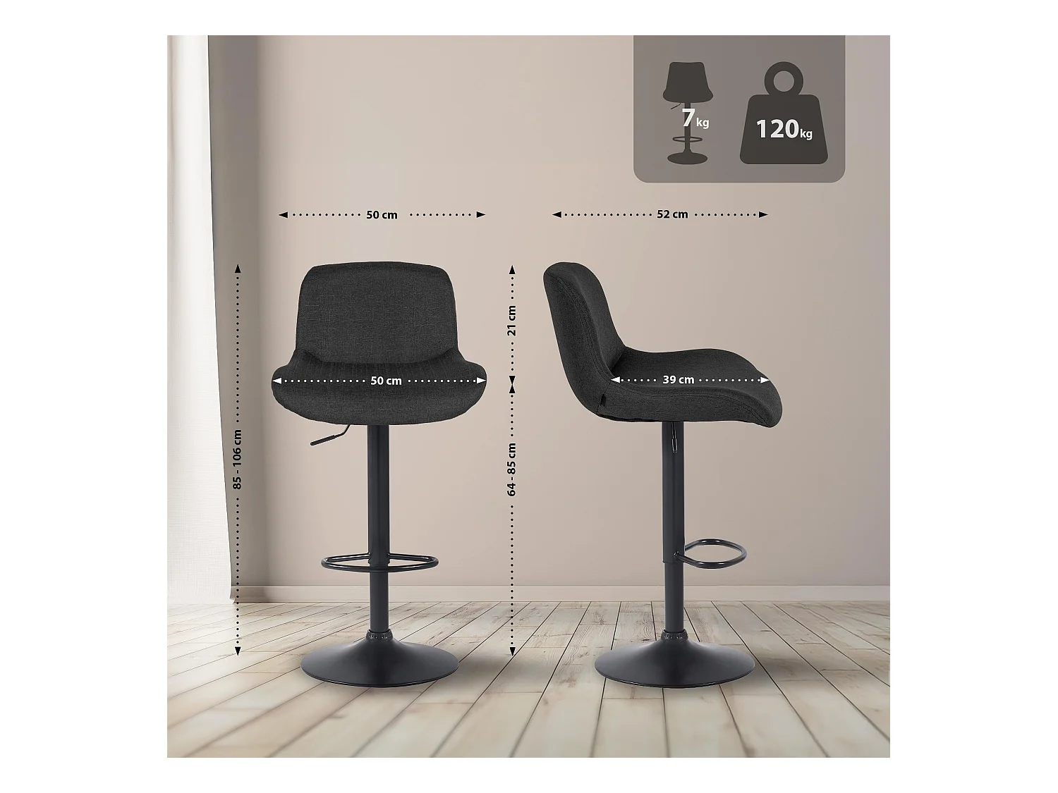 Lot de 2  Tabouret de bar - Tissu - Noir - Solon