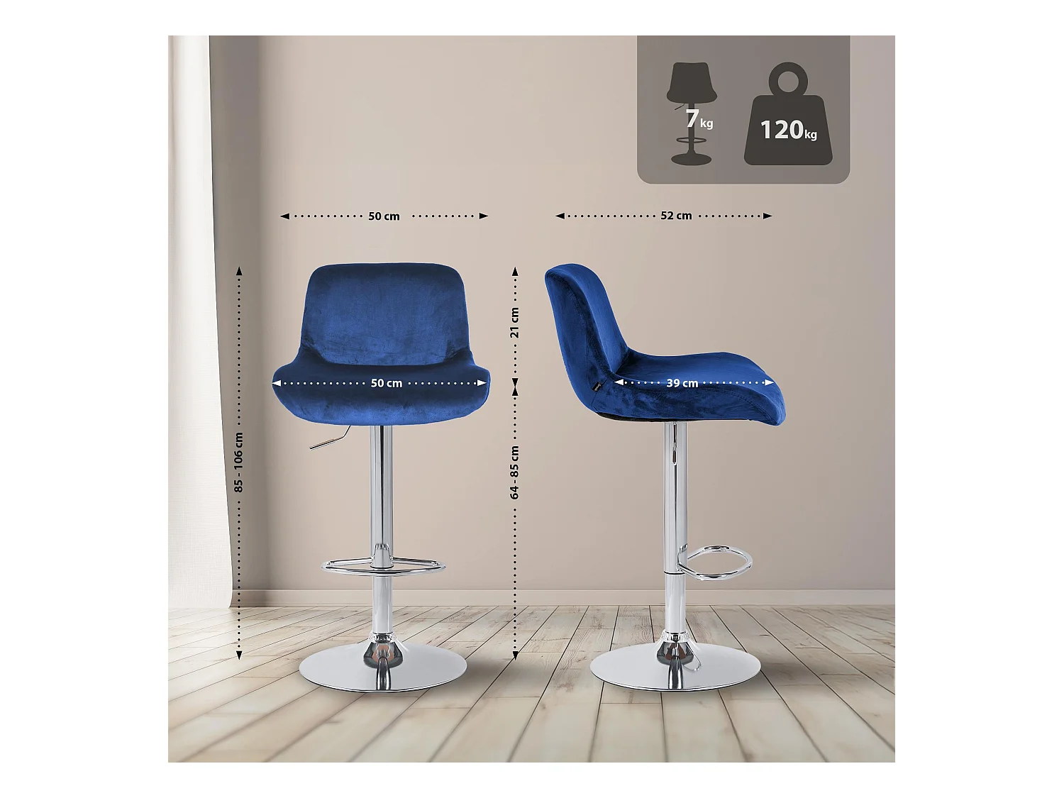 Lot de 2  Tabouret de bar - Velours - Bleu - Solon