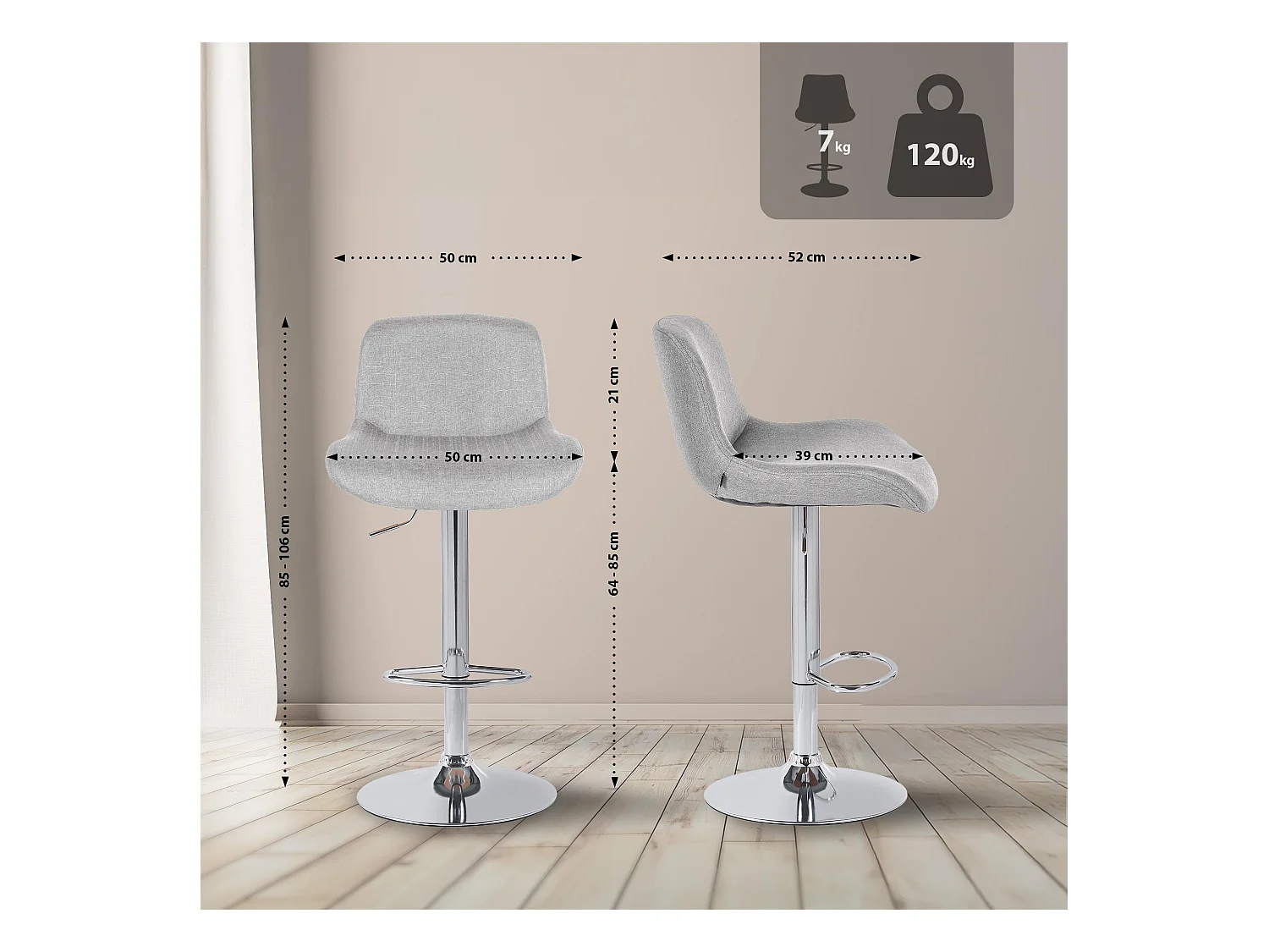 Lot de 2  Tabouret de bar - Tissu - Gris clair - Solon