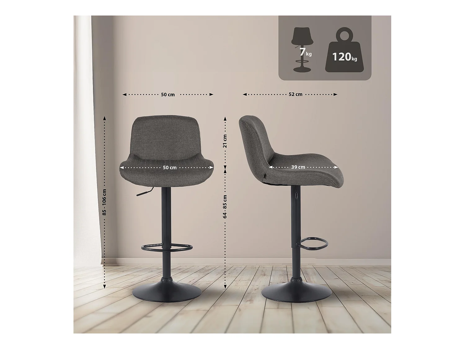 Lot de 2  Tabouret de bar - Tissu - Gris foncé - Solon