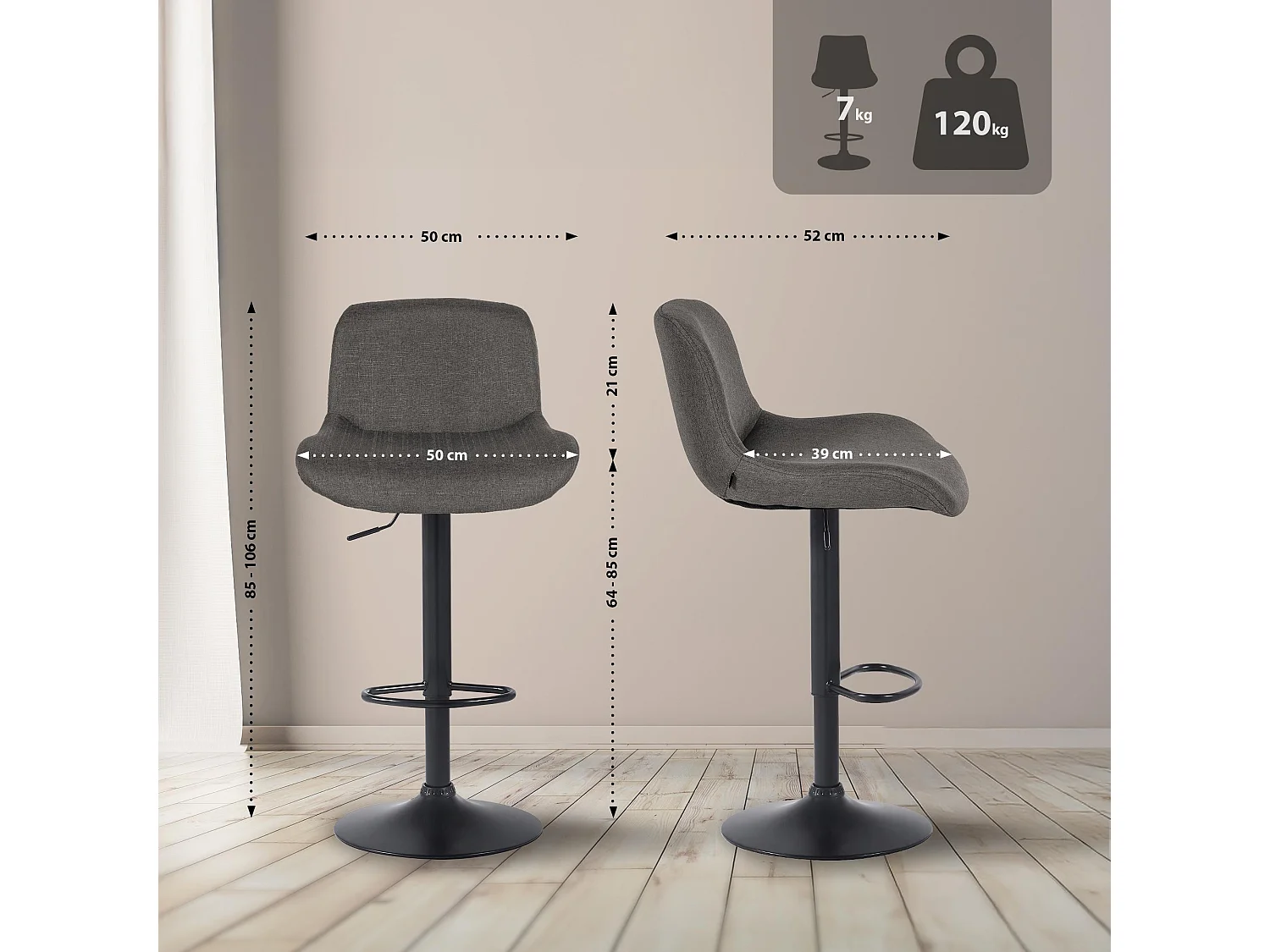 Lot de 2  Tabouret de bar - Tissu - Gris foncé - Solon