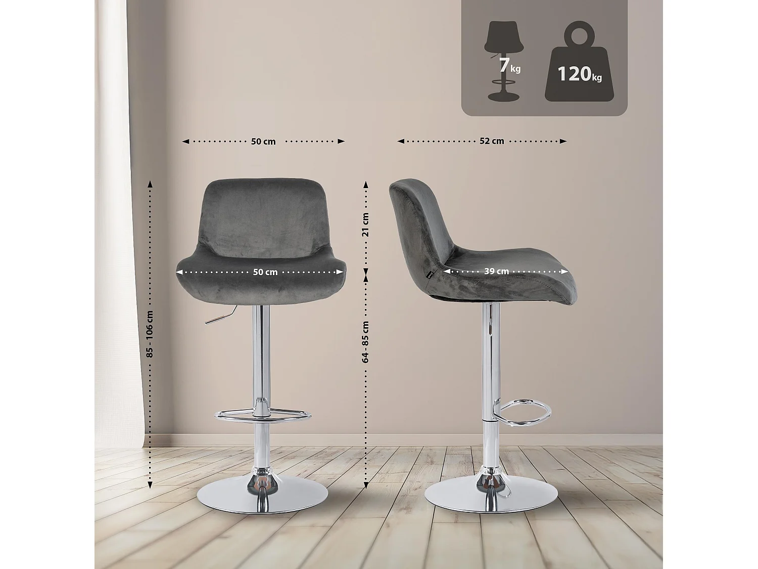 Lot de 2  Tabouret de bar - Velours - Gris foncé - Solon