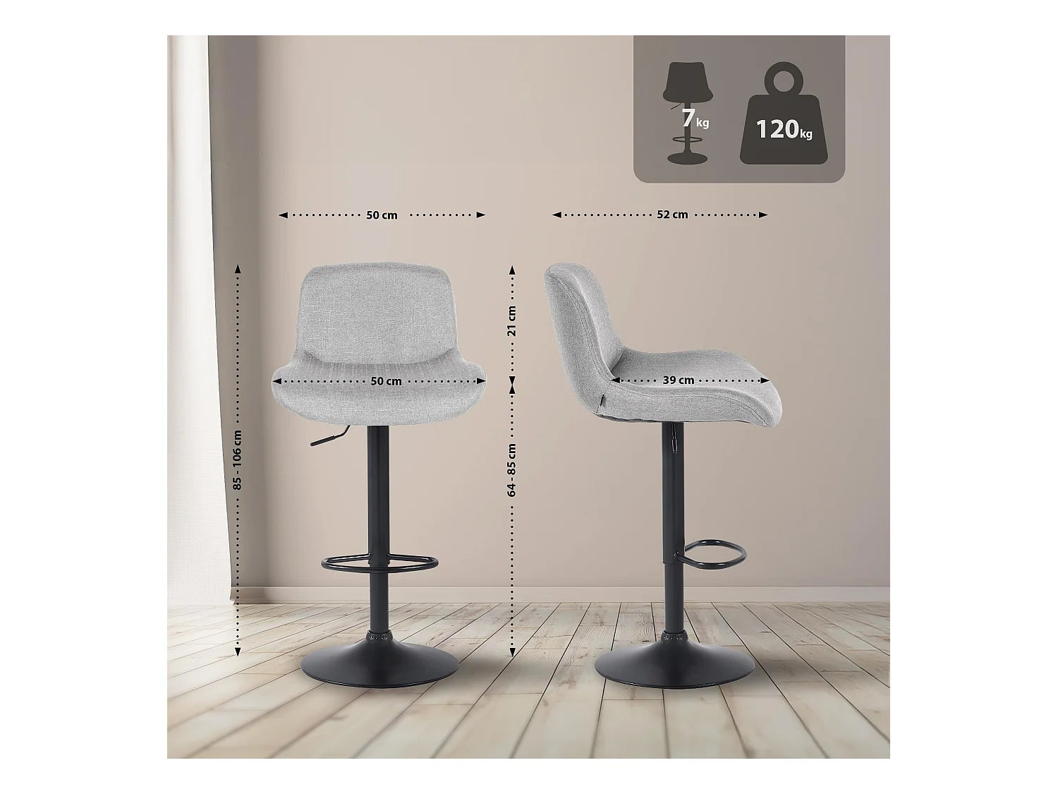Lot de 2  Tabouret de bar - Tissu - Gris clair - Solon