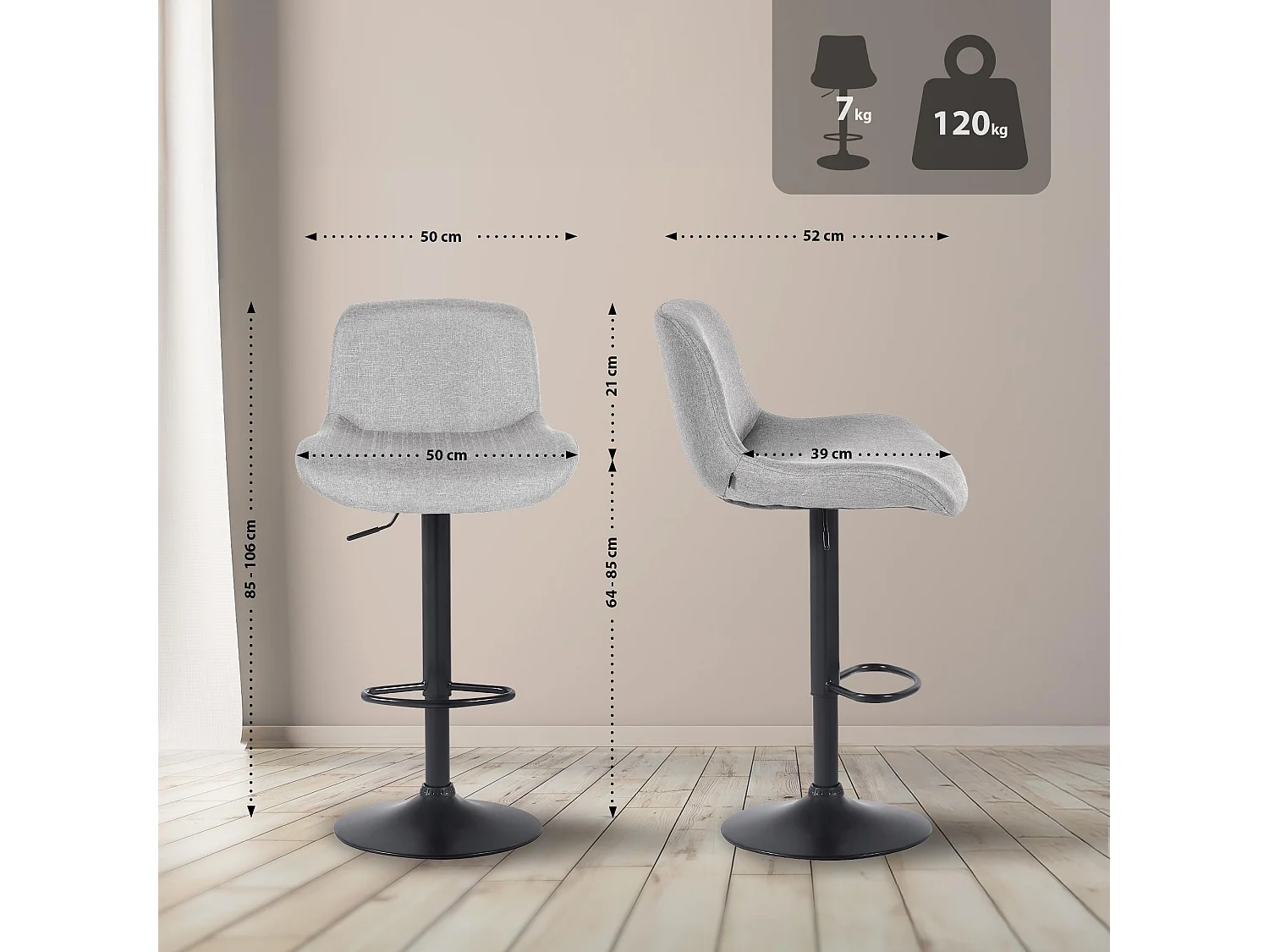 Lot de 2  Tabouret de bar - Tissu - Gris clair - Solon