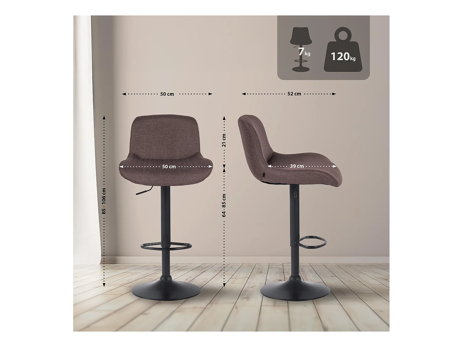 Lot de 2  Tabouret de bar - Tissu - Marron foncé - Solon