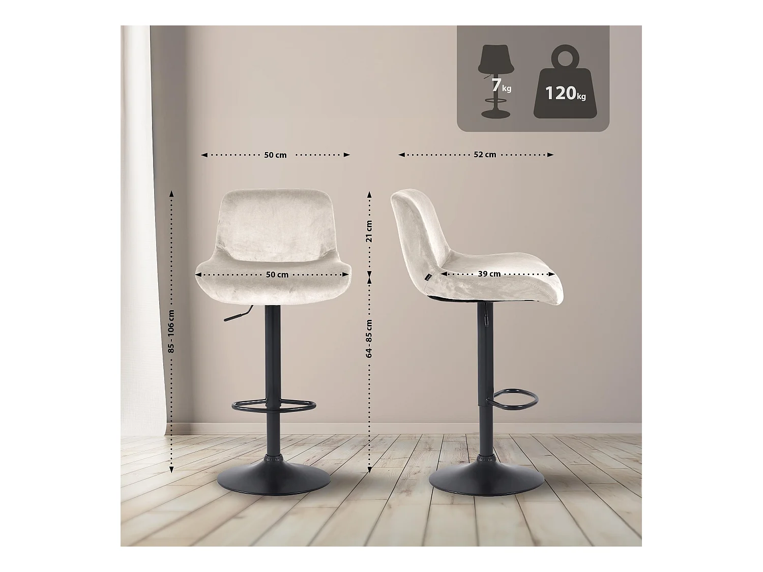 Lot de 2  Tabouret de bar - Velours - Crème - Solon