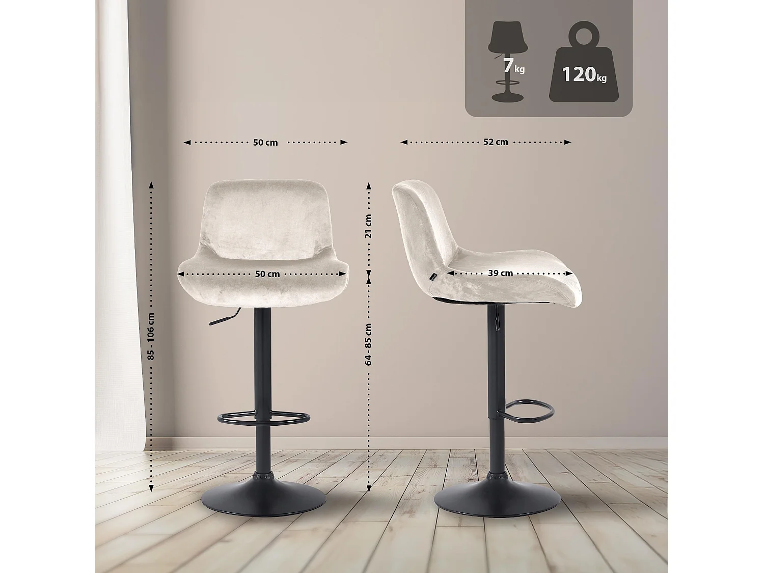 Lot de 2  Tabouret de bar - Velours - Crème - Solon