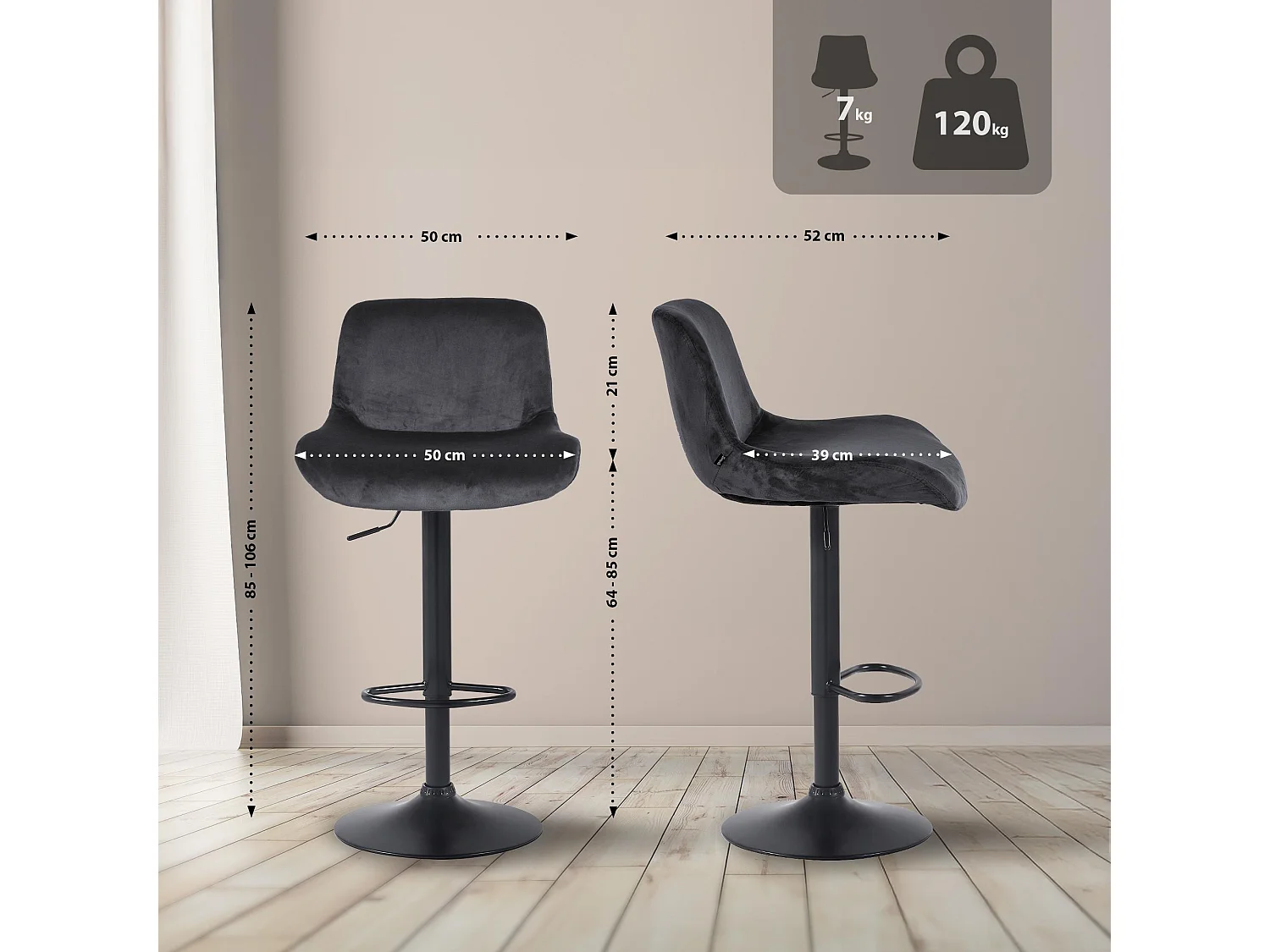 Lot de 2  Tabouret de bar - Velours - Noir - Solon