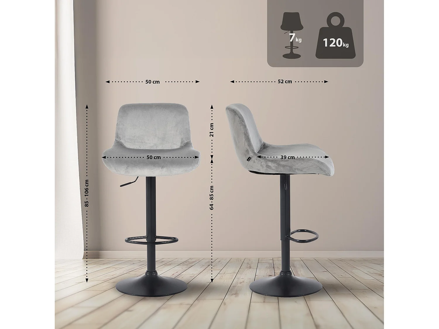 Lot de 2  Tabouret de bar - Velours - Gris - Solon