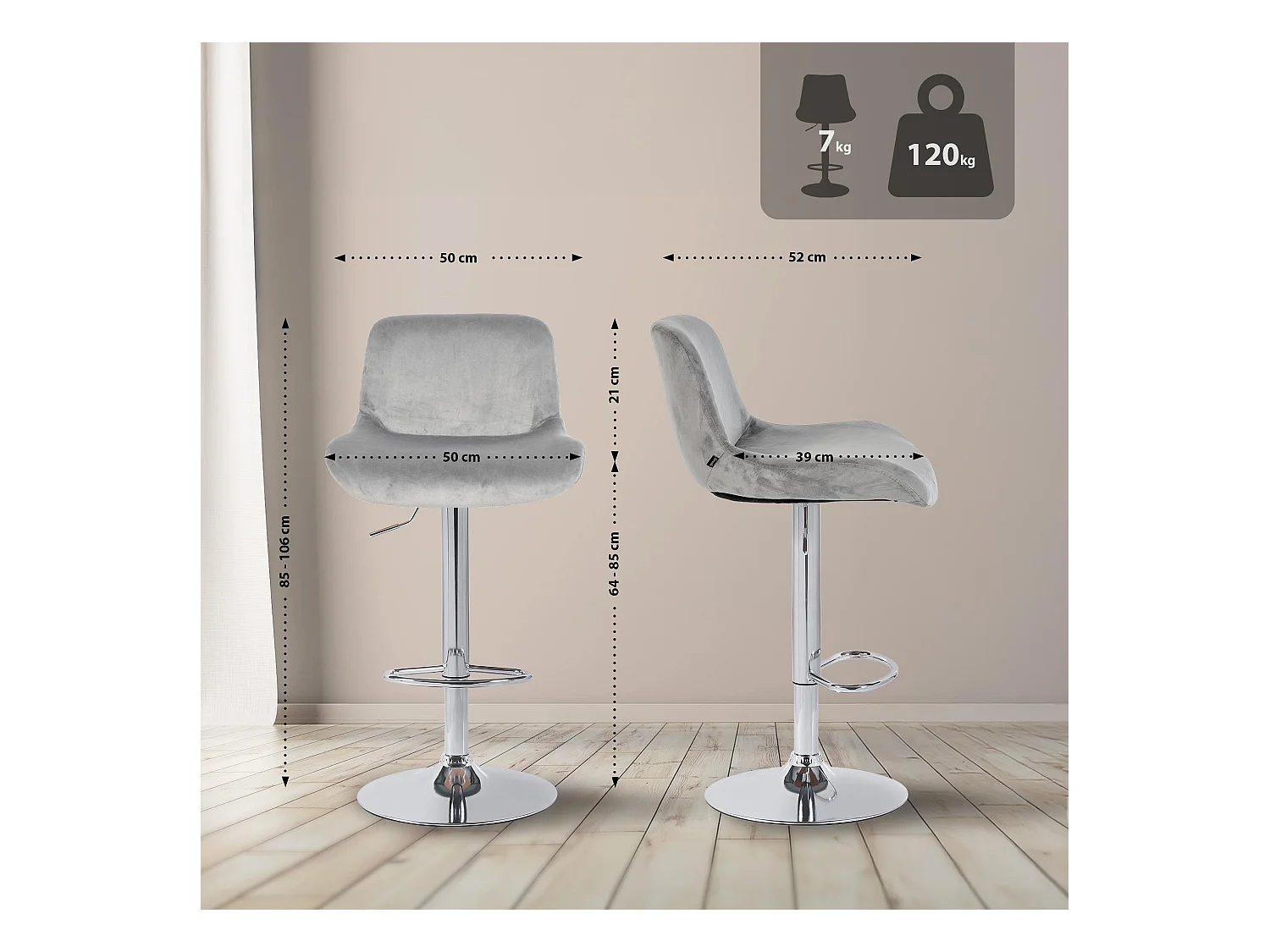 Lot de 2  Tabouret de bar - Velours - Gris - Solon