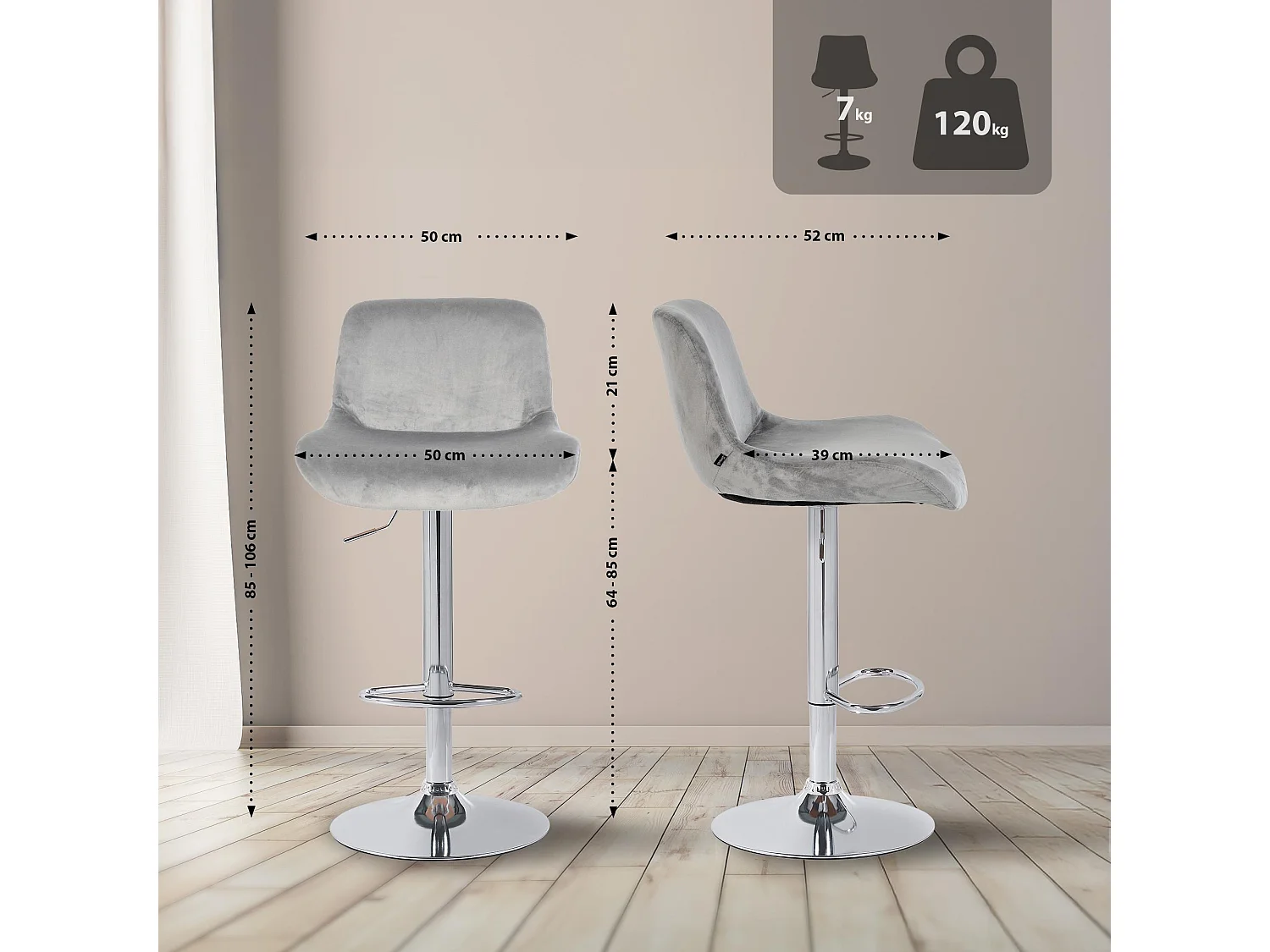 Lot de 2  Tabouret de bar - Velours - Gris - Solon