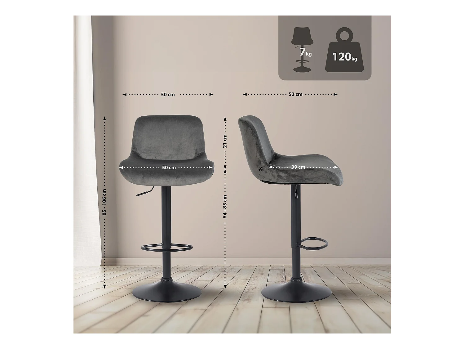 Lot de 2  Tabouret de bar - Velours - Gris foncé - Solon